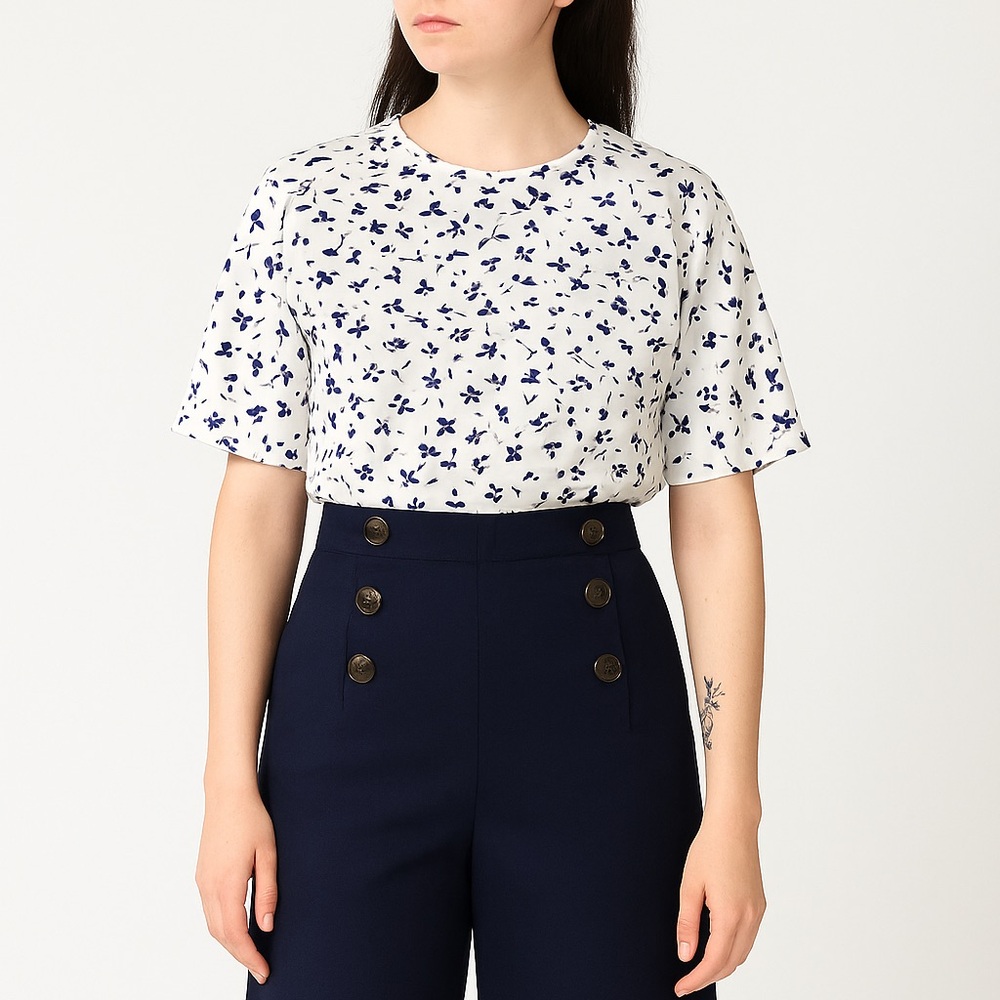 Vintage Worthington White & Blue Floral Print Button Back Short Sleeve Top Sz 16
